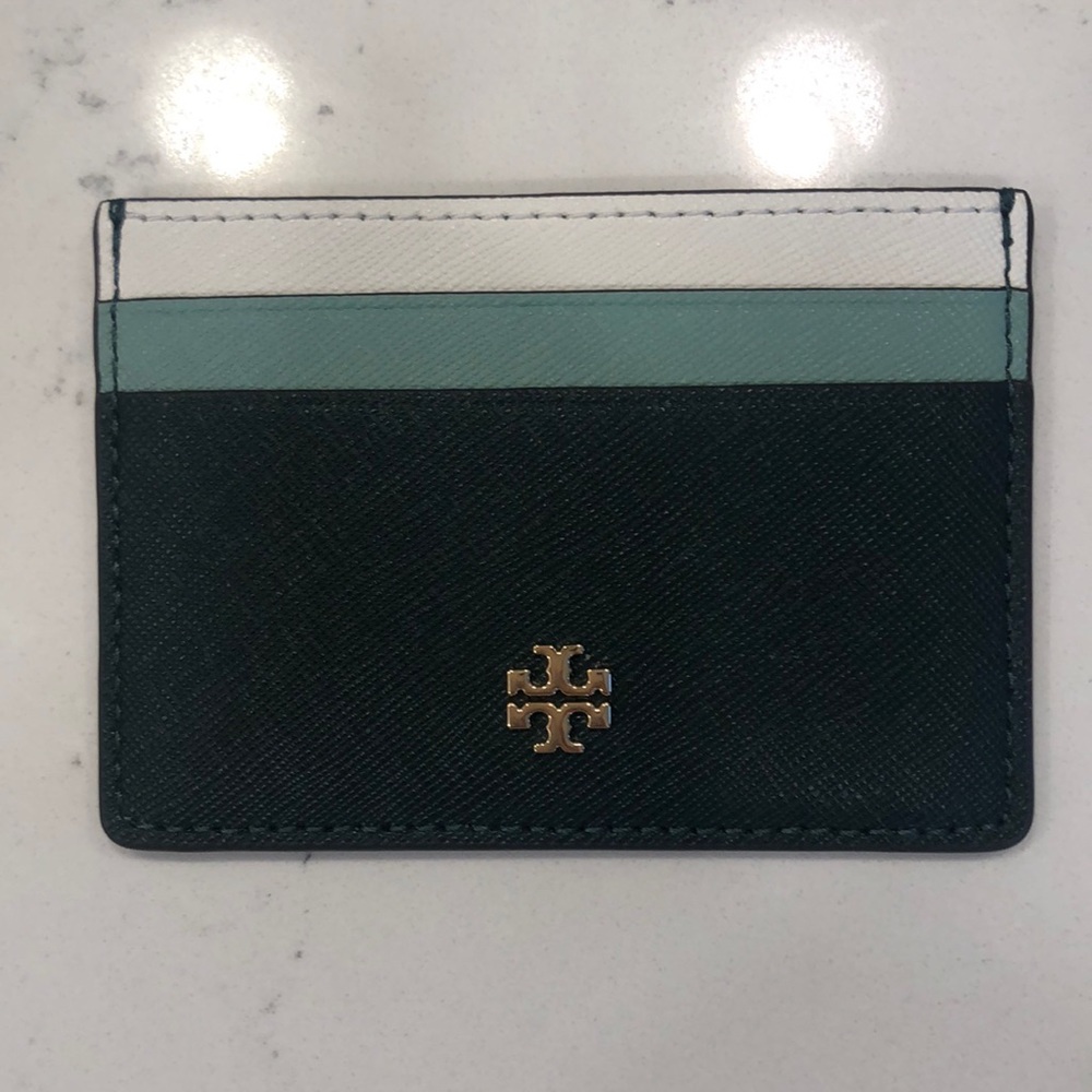 Tory Burch green and off white card holder